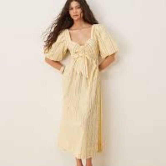 YAS puff sleeve bow front textured midi woman dress in yellow size 8 - Picture 1 of 9